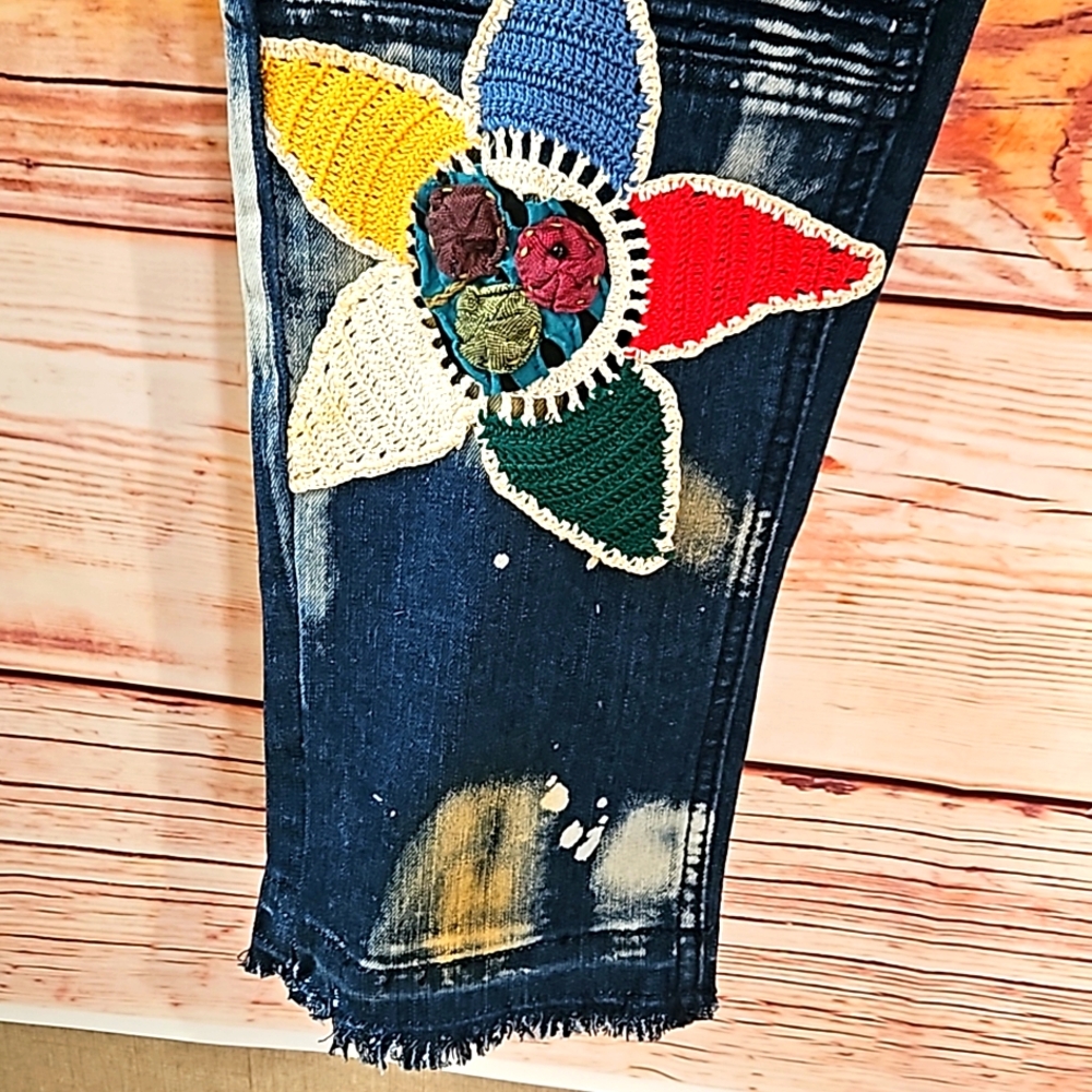 HANDMADE~EMBELLISHED "One Kind Denim" Bleached, Patched, Embroidered HIPPIE Jean - Picture 5 of 12